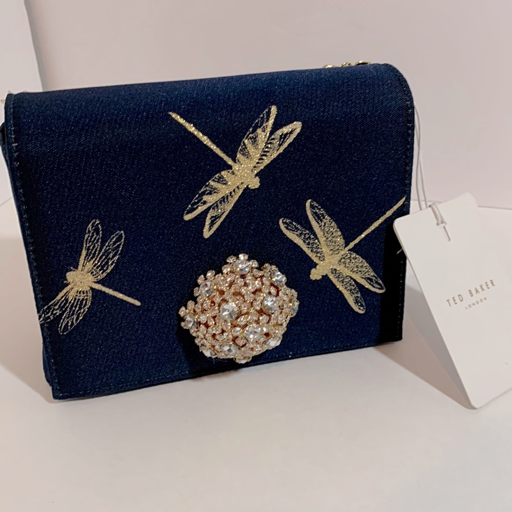 Ted Baker Navy Satin Sugar Plum Brooch Evening Bag w/Gold and Crystal Chain
